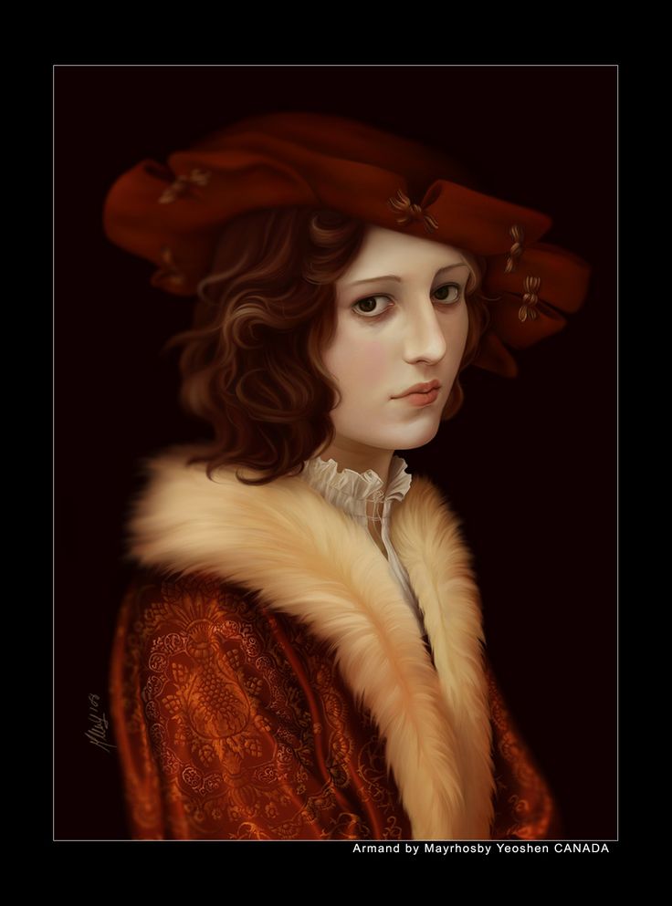 a painting of a woman wearing a red hat and fur stole around her neck, looking to the side