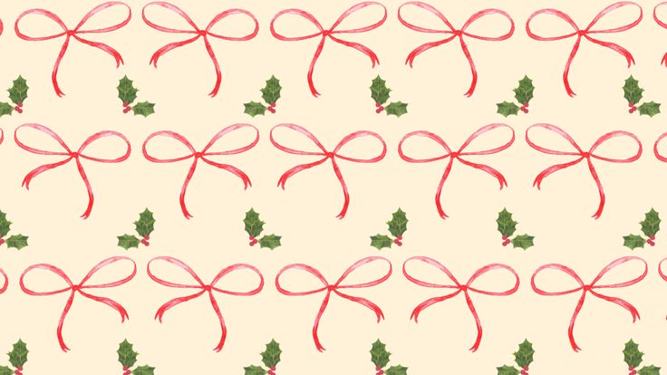 a christmas pattern with holly leaves and red ribbon on a cream colored background that is drawn by hand