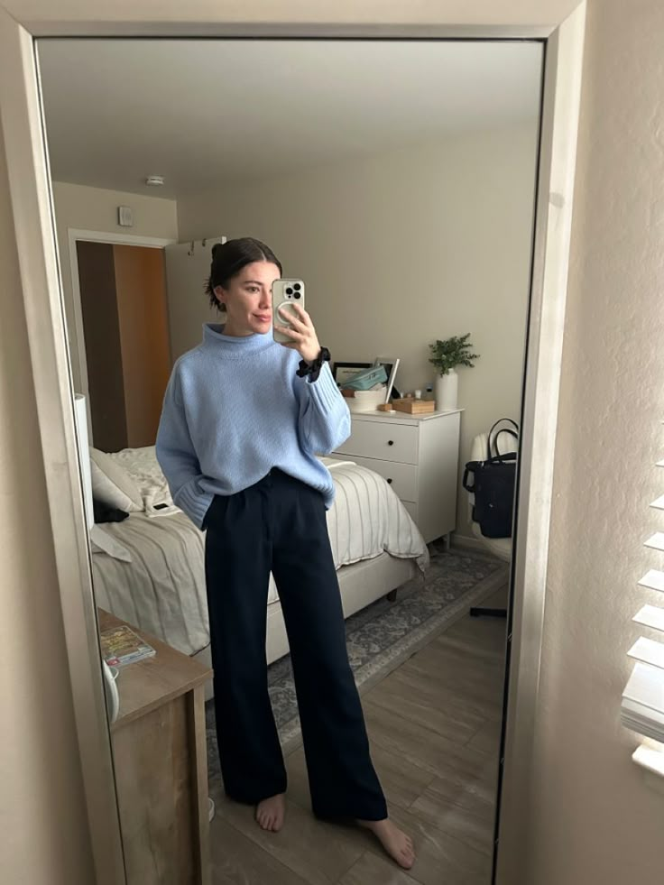 Tailored Pants Outfit Fall, Wide Leg Blue Pants Outfit Work, Grey Blue Sweater Outfit, Styling Blue Trousers, Business Casual Outfits Law Firm, Styling Blue Pants, Blue Off Shoulder Sweater, Blue Sweater Work Outfit, Light Blue Work Outfit