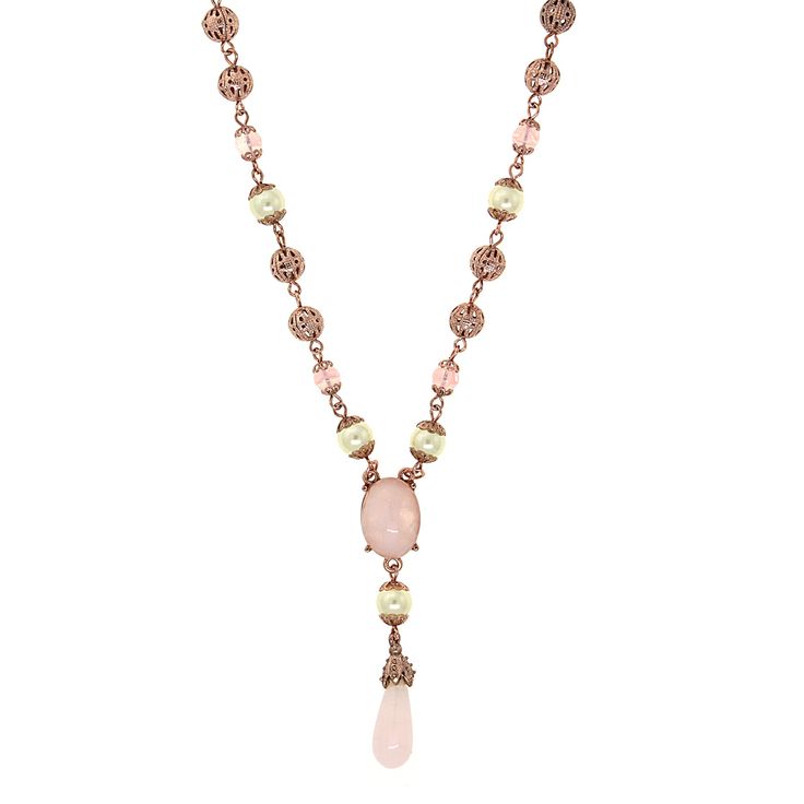 Rose Gold Faux Pearl Rose Quartz Y Necklace 16" + 3" Extender