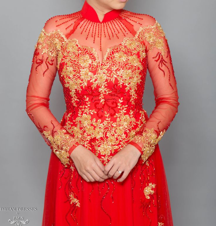 Custom made red bridal Ao Dai with gold lace Collar: 1.8''/4.5cm Beaded illusion neckline Long sleeves Zipper closure Chiffon pants Chapel train (20''/50cm) Beadings: yes Materials: chiffon, tulle, lace Bridal Ao Dai, Vietnamese Wedding Dress, Vietnamese Wedding, Chiffon Pants, Golden Lace, Dream Dresses, Chapel Train, Lace Neckline, Gold Lace