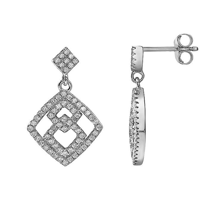 These gorgeous sterling silver square drop earrings are a must-add to your fine jewelry collection. These gorgeous sterling silver square drop earrings are a must-add to your fine jewelry collection. Length: 23 mm Backings: post Packaging: boxed Metal: sterling silver Plating: rhodium Additional details: cubic zirconia accents Finish: polished Please note, due to the high value of this item, a signature may be required upon delivery. Size: One Size. Color: White. Gender: female. Age Group: adult Silver Rectangular Cubic Zirconia Earrings, Rectangular Sterling Silver Earrings With Diamond Accents, Sterling Silver Rectangular Earrings With Diamond Accents, Elegant Silver Rectangular Diamond Earrings, Silver Rectangular Diamond Earrings For Formal, Silver Square Cut Earrings In Fine Jewelry Style, Silver Square Cut Fine Jewelry Earrings, Silver Square Cut Earrings Fine Jewelry, Square Silver Fine Jewelry