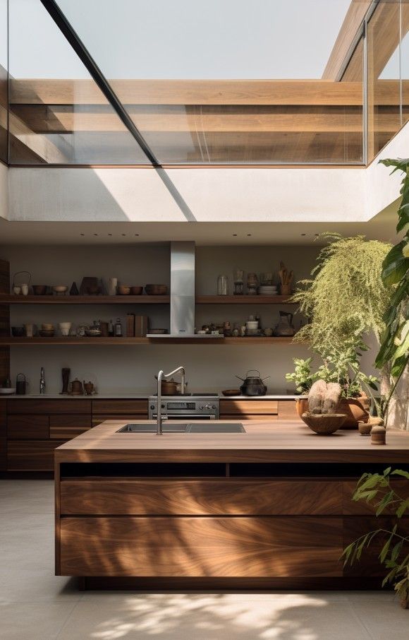 an open kitchen with wooden cabinets and counter tops, plants in pots on the island