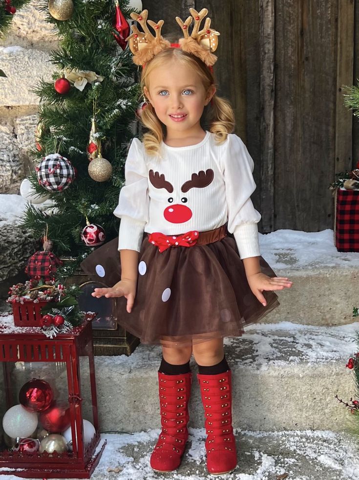 Mia Belle Girls - Oh deer, we did it again… we have the... Reindeer Applique, Face Embroidery, Toddler Flower Girls, Reindeer Face, Winter Parties, Girls Dress Outfits, Girls Christmas Outfits, Toddler Flower Girl Dresses