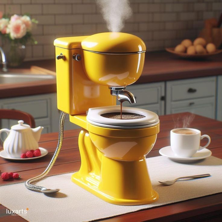 a yellow coffee maker sitting on top of a wooden table