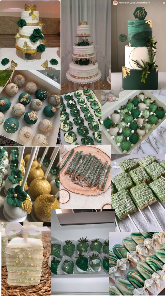 a collage of green and white desserts with gold decorations on them, including pineapples