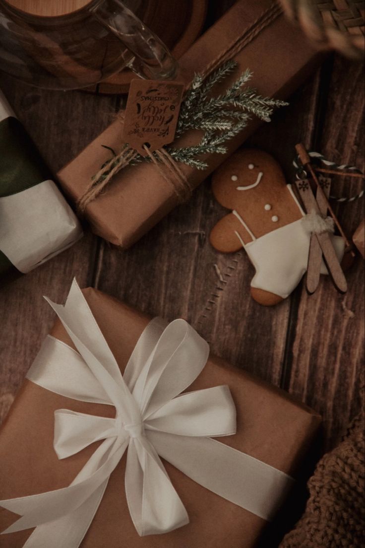 presents wrapped in brown paper and tied with white ribbon