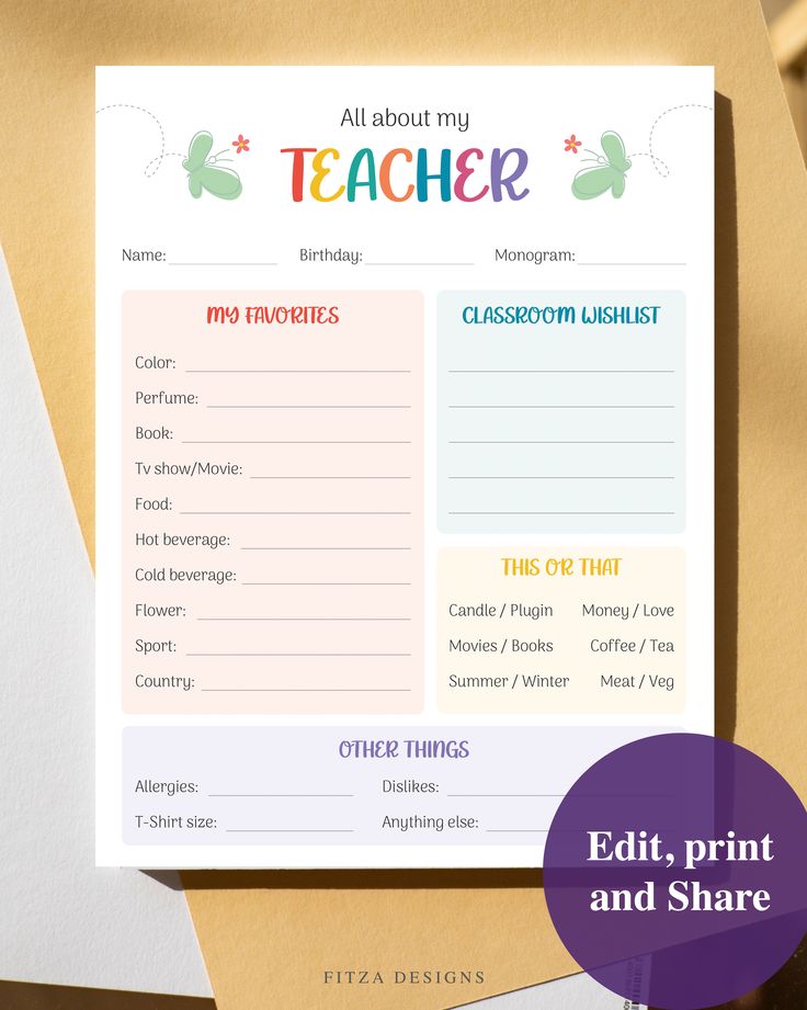 a printable teacher's list with the words, all about my teacher on it