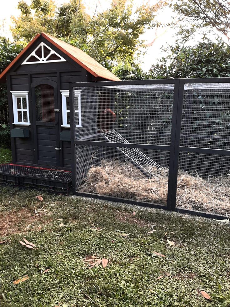 a small chicken coop in the yard with grass on the ground and fence around it