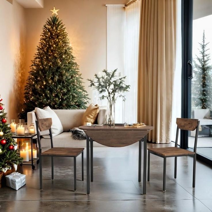 a living room filled with furniture and a christmas tree next to a window covered in lights