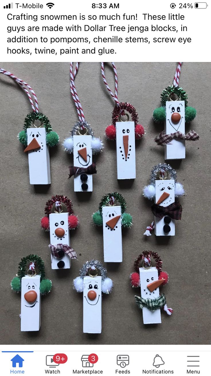 snowmen are hanging from the top of paper tags with candy canes on them