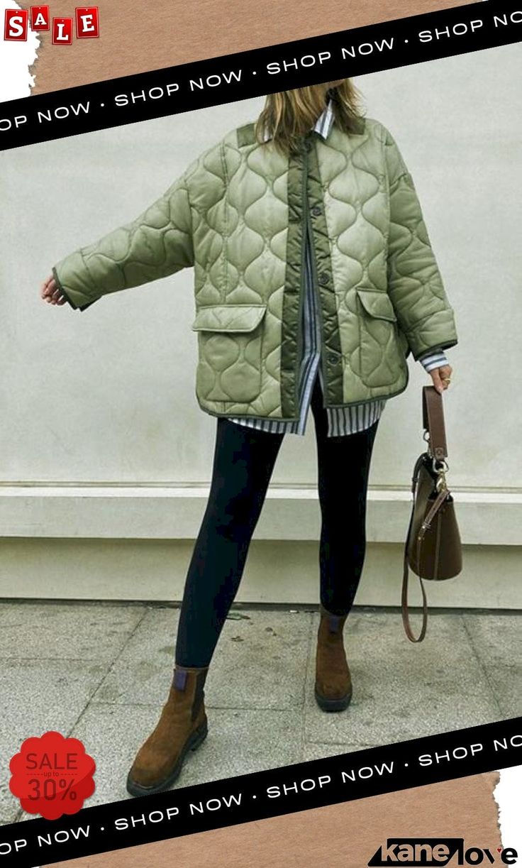 Quilted Pockets O Neck Jacket Green Quilted Coat Outfit, Sage Green Puffer Jacket Outfit, Casual Spring Puffer Parka, Oversized Quilted Jacket For Workwear, Khaki Outerwear With Pockets For Cold Weather, Casual Khaki Puffer Jacket For Cold Weather, Winter Quilted Utility Outerwear, Trendy Khaki Outerwear With Multiple Pockets, Khaki Puffer Outerwear For Cold Weather