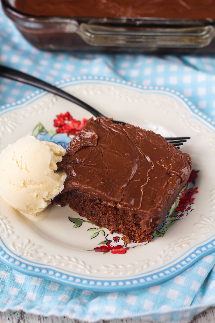 a piece of chocolate cake on a plate with ice cream