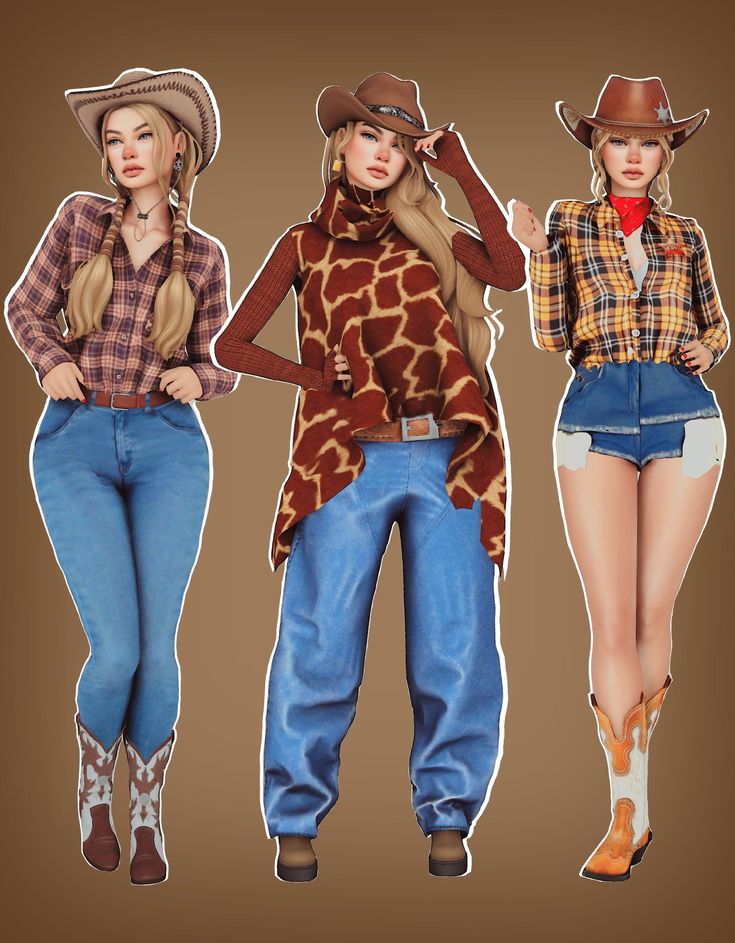 three women wearing cowboy hats and jeans are standing in front of a brown background with an image of a giraffe