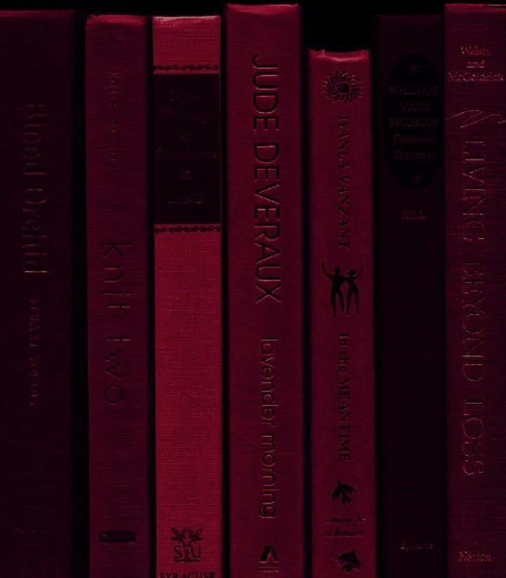 a row of red books sitting next to each other on top of a book shelf