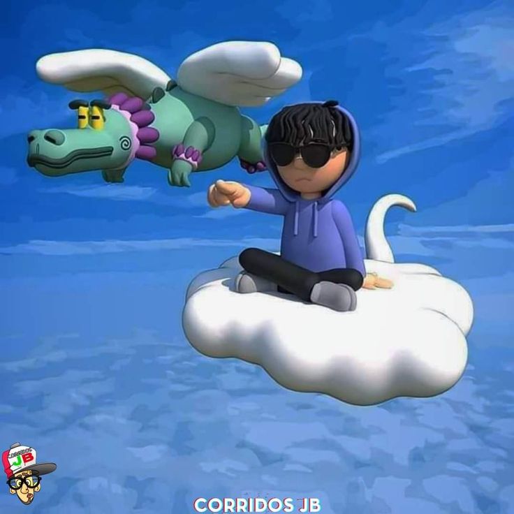 a cartoon character sitting on top of a cloud with a dragon flying over it in the sky