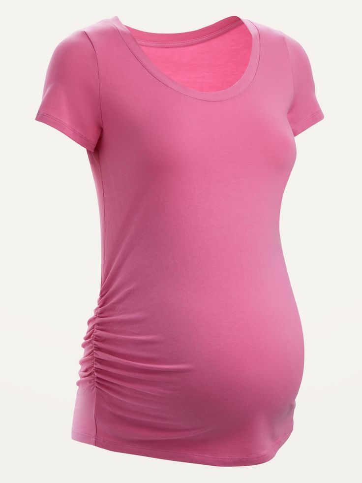 "Rib-knit scoop neck.  Short sleeves.  Shirred sides create a flexible, flattering fit throughout your pregnancy.  Soft-washed cotton jersey, with comfortable stretch.  Tag-free label and pieced trim inside neck and shoulders for added comfort & dura Stretch Crew Neck Short Sleeve Top In Solid Color, Stretch Crew Neck Short Sleeve Top, Solid Color Scoop Neck Short Sleeve Top For Summer, Solid Color Fitted Short Sleeve Top With Scoop Neck, Stretch Ruched Scoop Neck Tops, Casual Solid Color Short Sleeve Top With Scoop Neck, Casual Ruched Crew Neck Top, Summer T-shirt With Scoop Neck In Solid Color, Fitted Short Sleeve Solid Color T-shirt