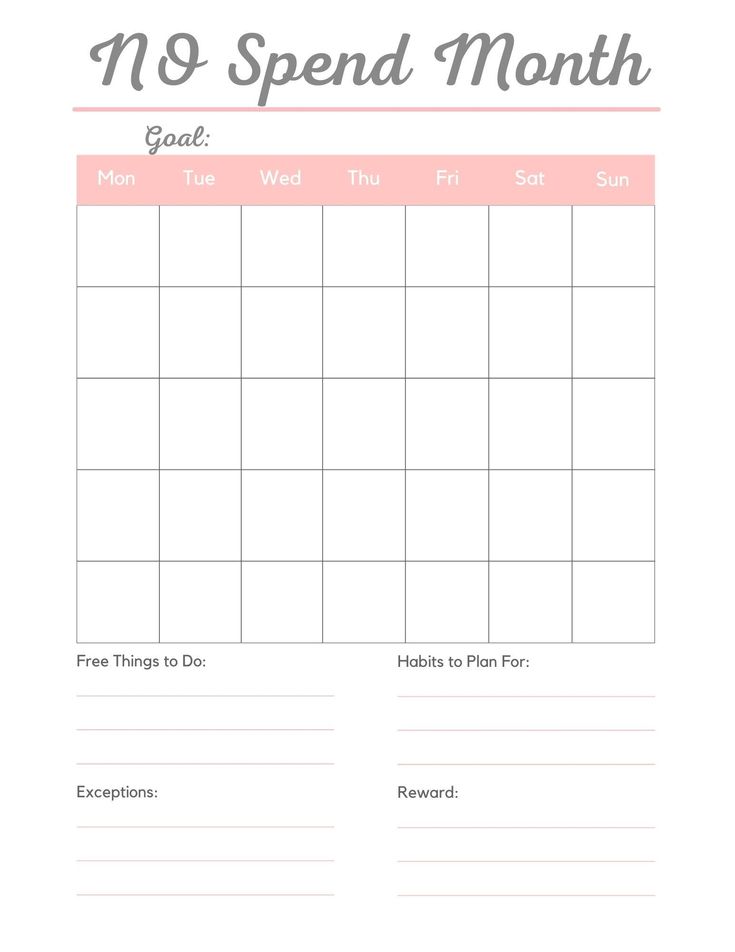 a printable calendar with the words,'no spend month'in pink and white