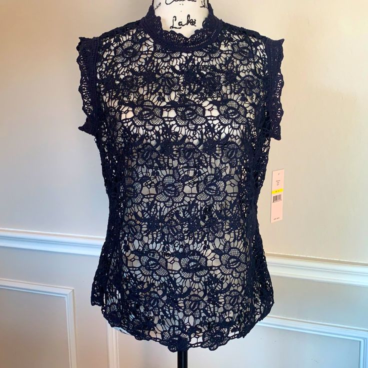 Nwt Nanette Lepore Navy Lace Back Zip Blouse. Beautiful Navy Lace Sleeveless Blouse With The Back Zipper. Just Beautiful! Elegant Sleeveless Sheer Blouse, Elegant Sleeveless Lace Top, Elegant Blue Lace Top, Sleeveless Blue Lace Tops, Sheer Sleeveless Blouse For Night Out, Blue Lace Sleeveless Tops, Sleeveless Lace Trim Blouse For Evening, Sleeveless Blouse With Lace Trim For Night Out, Elegant Stretch Sleeveless Lace Top