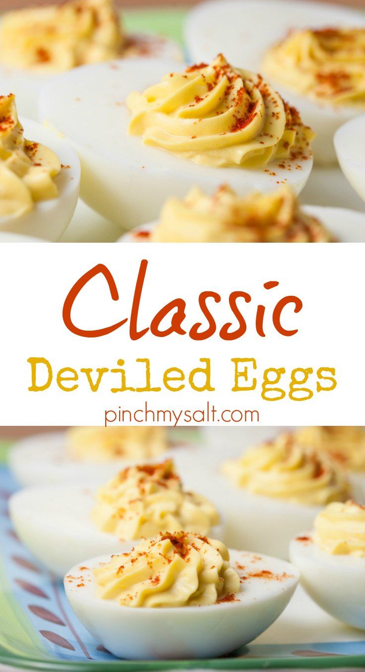 deviled eggs on a plate with the words classic deviled eggs