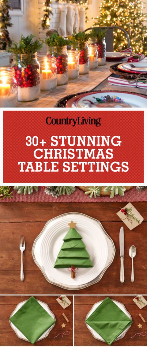 a christmas table setting with candles, plates and napkins in front of the table