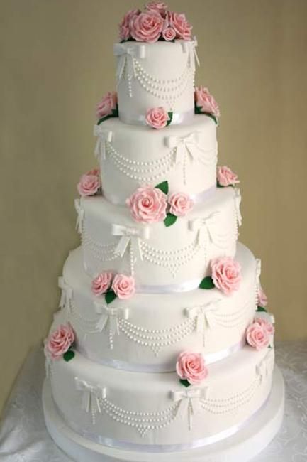 a three tiered wedding cake with pink flowers on the top and bottom, sitting on a white tablecloth