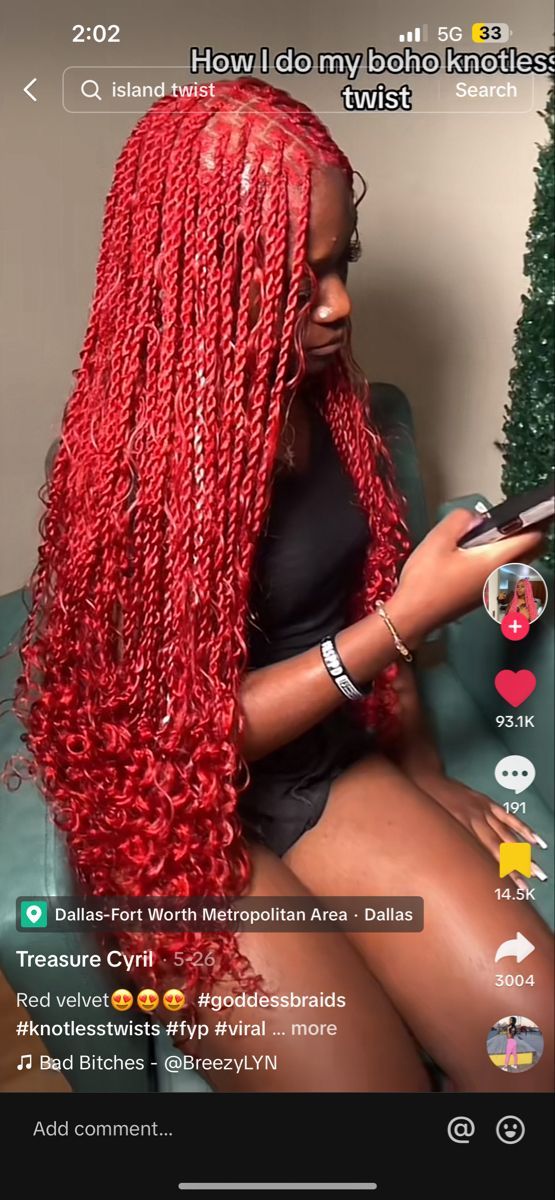 Passion Twists Hairstyle With Color Red, Red Goddess Passion Twists, Red Sengelese Twist, Red Head Hairstyles Black Women, Red Bohemian Twist, Red Passion Twists Hairstyle Long, Red Hair Braided Hairstyles, Red Island Twist Hairstyle, Red Boho Island Twist