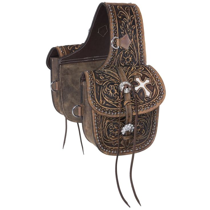 an old western style tool pouch with metal decorations