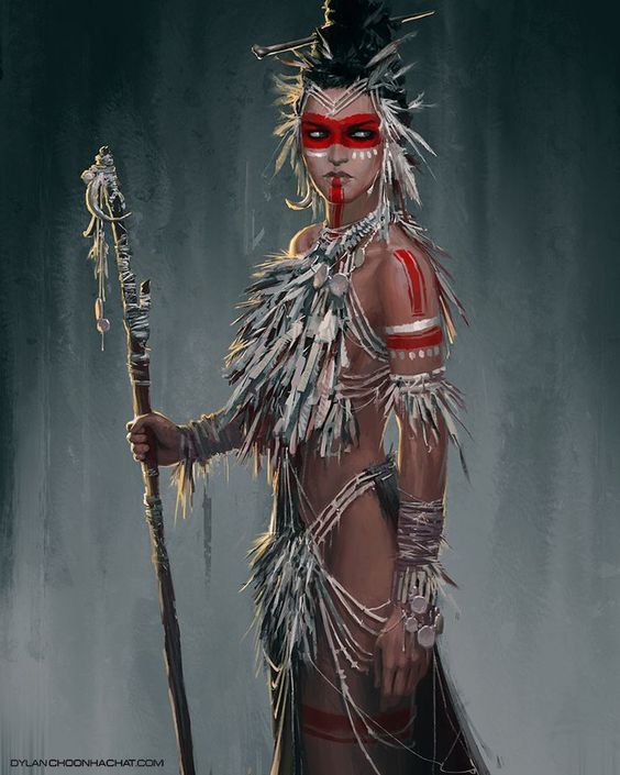 a painting of a woman with feathers on her head holding a stick and wearing a feathered costume