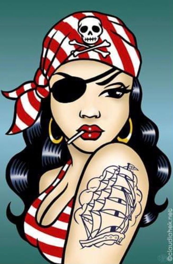 a woman with a pirate tattoo on her arm