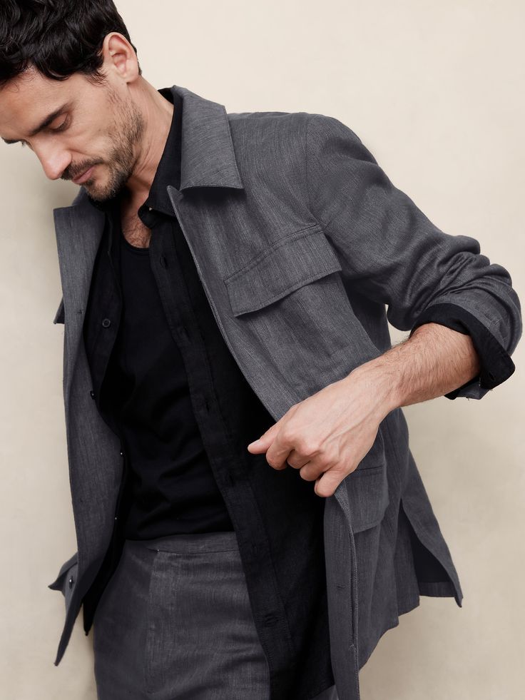 On ode to classic four-pocket field jackets from the early '80s, this iteration is crafted from beautiful linen.  Beloved for its ability to stay cool and crisp—even in heat and humidity—we selected this small-batch linen for its premium handfeel and its ability to achieve the rich patina of the best vintage styles, making each piece unique.  Warm: Unlined and perfect for layering.  Standard fit.  Point collar with button front.  Front and chest pockets.  Adjustable tabs at cuffs and back waist. Linen Jacket, Field Jacket, Small Batch, Stay Cool, Hip Length, Patina, Layering, The Selection, Vintage Fashion