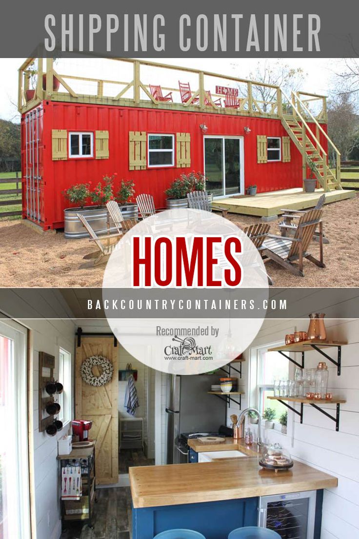 two pictures with the words shipping container homes on them and an image of a small red house