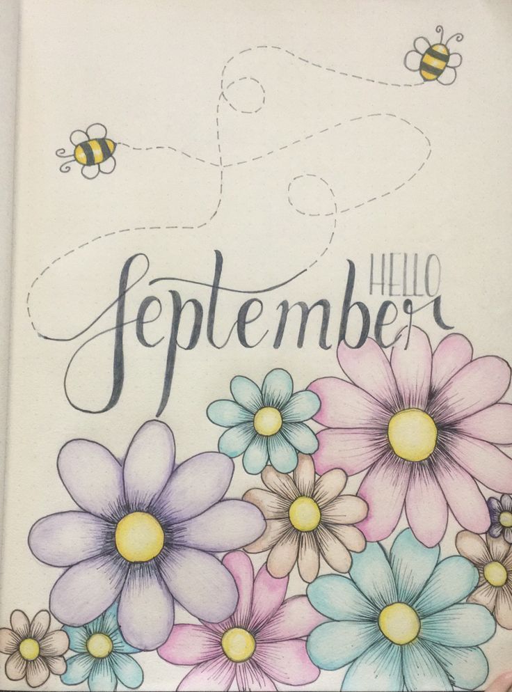 a card with flowers and bees on it that says,'september'in black ink