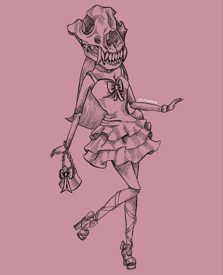 a drawing of a girl in a dress with a skull on her head and handbag