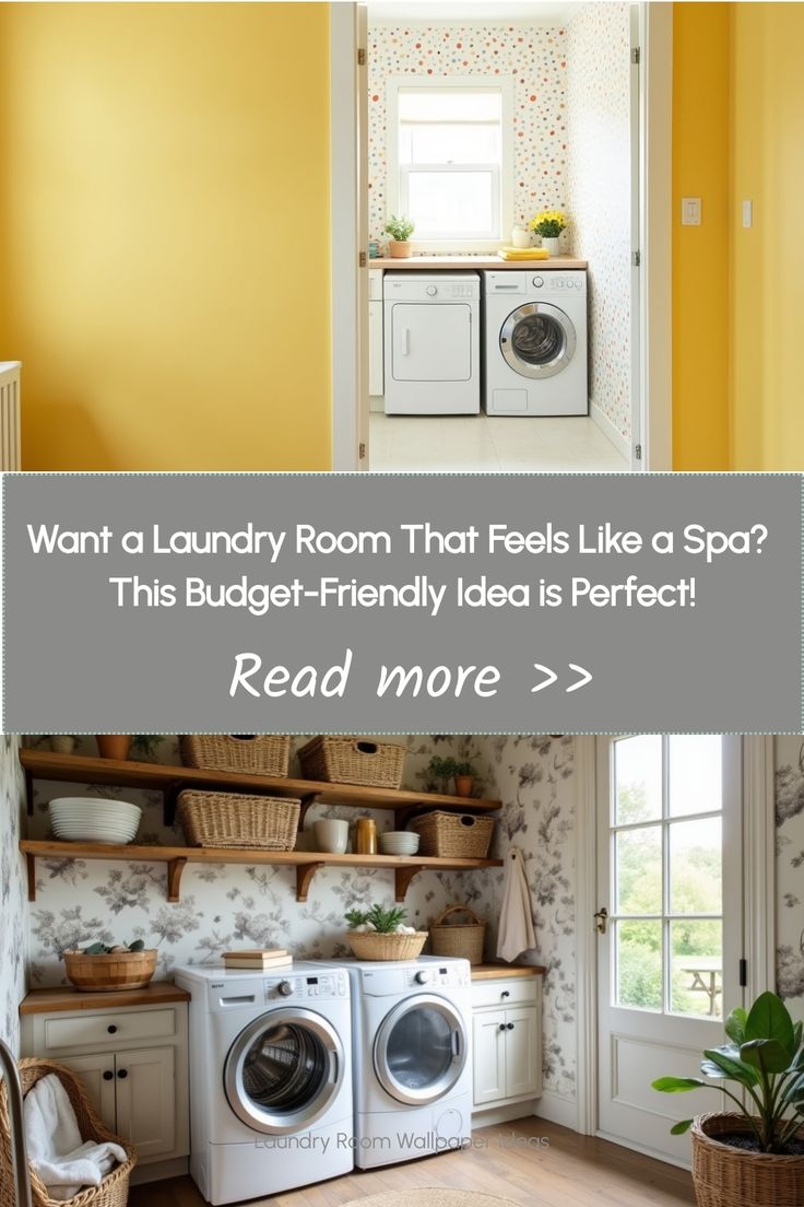 Peaceful laundry area featuring soft floral wallpaper and elegant fixtures