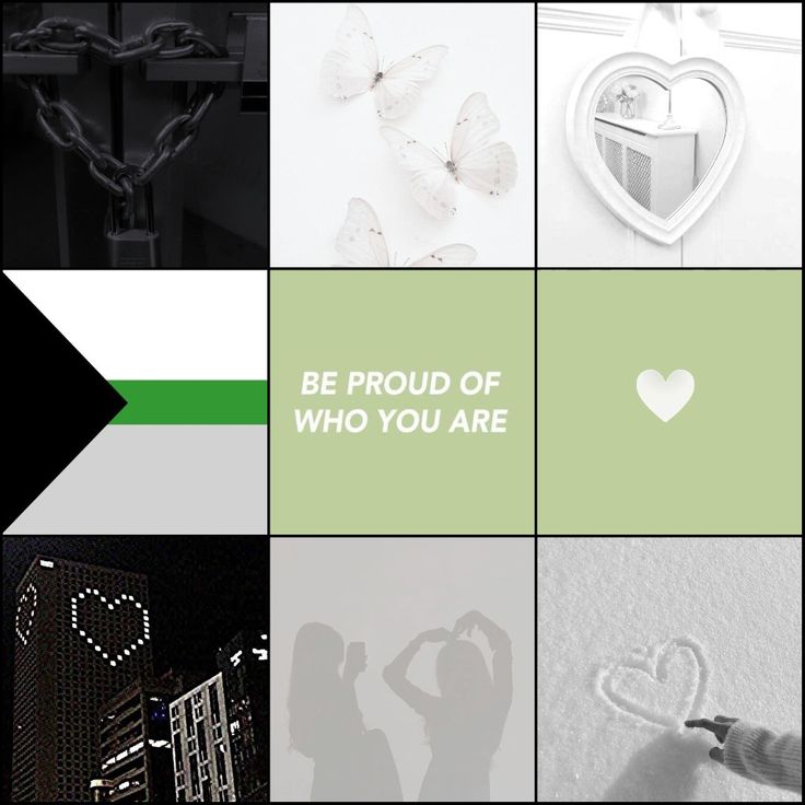 A picture divided into nine parts, with the demiromantic pride flag in the middle of the left, two "green pictures" at the same line in one is written "Be pround of yourself" and the other one is drawn a "white heart". on top and bottom of pride flag, has another two pictures ("black pictures"), the top one is "a heart shaped chain", the bottom one is "a building with lights forming a heart". In the same line of the heart shaped chain, have another two pictures ("withe pictures"). Demiromantic Aesthetic, Pride Moodboard, Demiromantic Pride, Demi Romantic, Queer Aesthetic, Pride Aesthetic, Pinterest Pictures, Intrusive Thoughts, Ace Pride