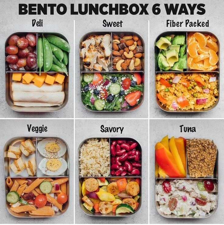 six bento lunchbox 6 ways with different types of food in each compartment, including rice, fruit, veggies, and vegetables