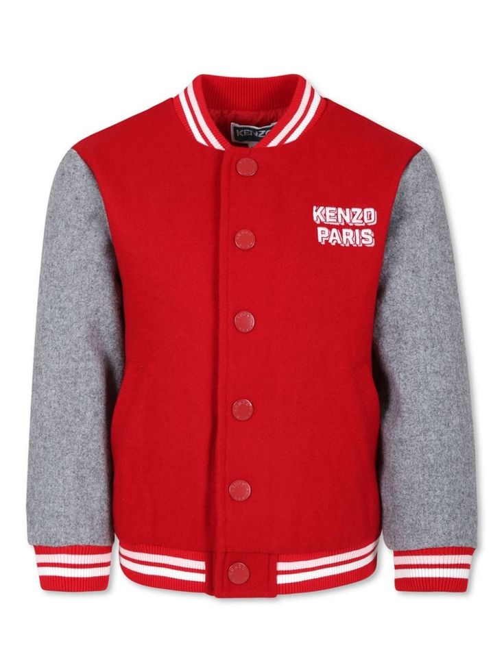 red/grey wool blend two-tone design appliqué logo embroidered logo at the chest ribbed band collar front press-stud fastening long sleeves elbow patches two side welt pockets ribbed cuffs and hem straight hem Varsity Jacket Red, Teen Boy Outfits, Dress With Jean Jacket, Gucci Kids, Dolce And Gabbana Kids, Kenzo Kids, Kids Logo, Stella Mccartney Kids, Suits Coats