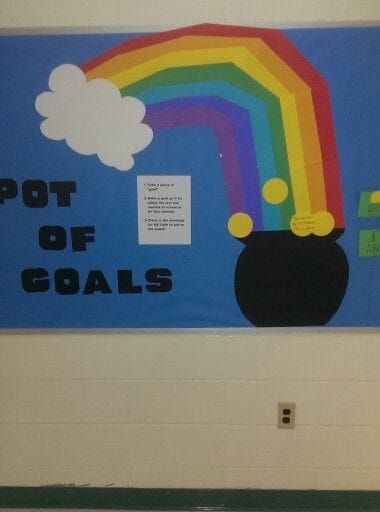 a bulletin board with a pot of coals and a rainbow painted on the wall