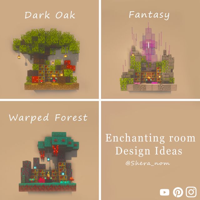 four different types of pixel art with text that reads, warped forest, enchanting room design ideas