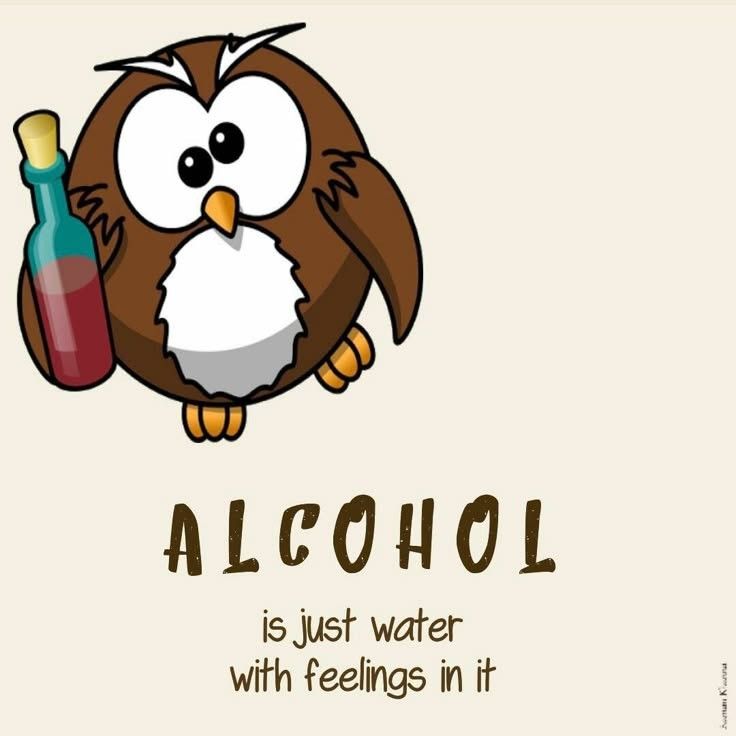 an owl holding a bottle with alcohol in it's beak and the words alcohol is just water with feelings in it