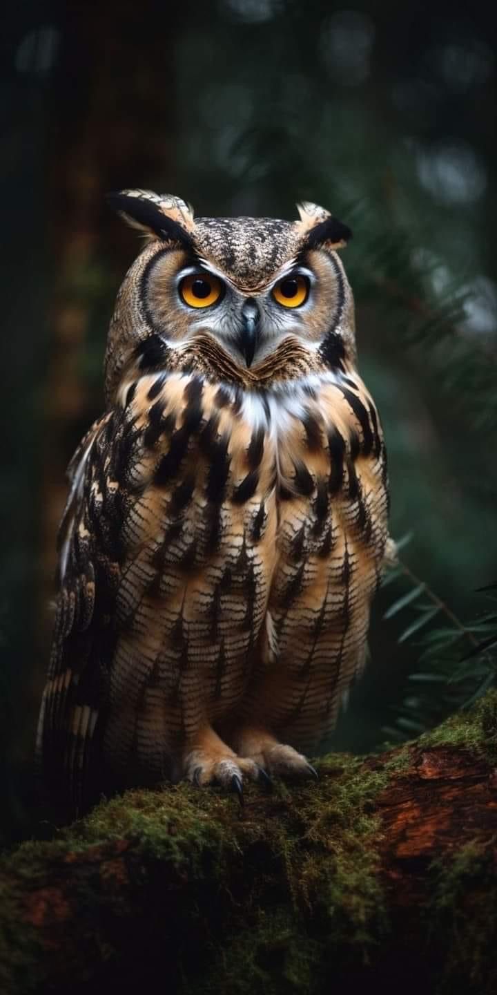 an owl sitting on top of a moss covered tree branch with yellow eyes and brown feathers