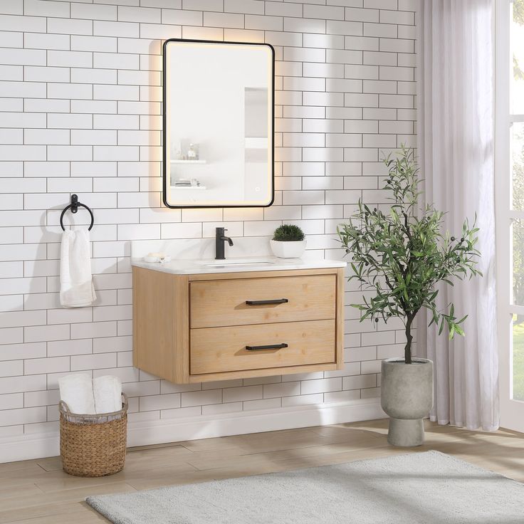 a bathroom with a sink, mirror and towel rack on the wall next to a potted plant