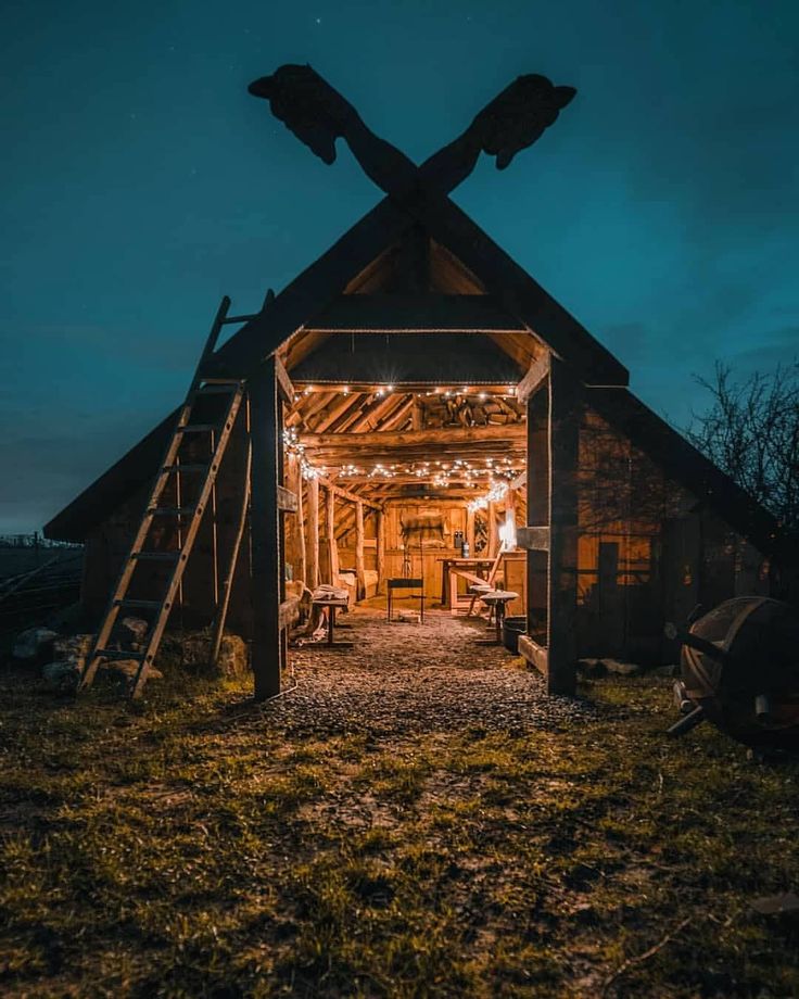 an open barn door at night with lights shining on the roof and ladders leading up to it