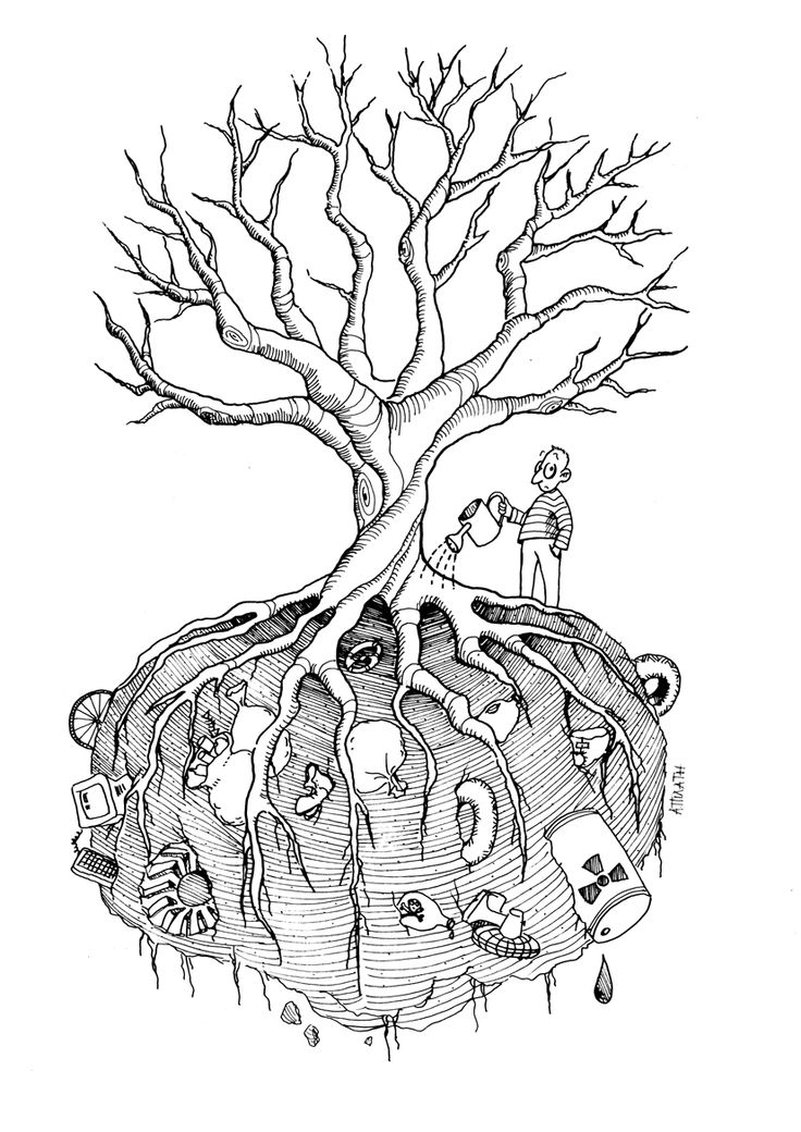 a black and white drawing of a tree with roots