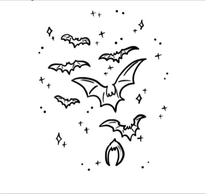 a black and white drawing of bats flying in the sky with stars around them on a white background