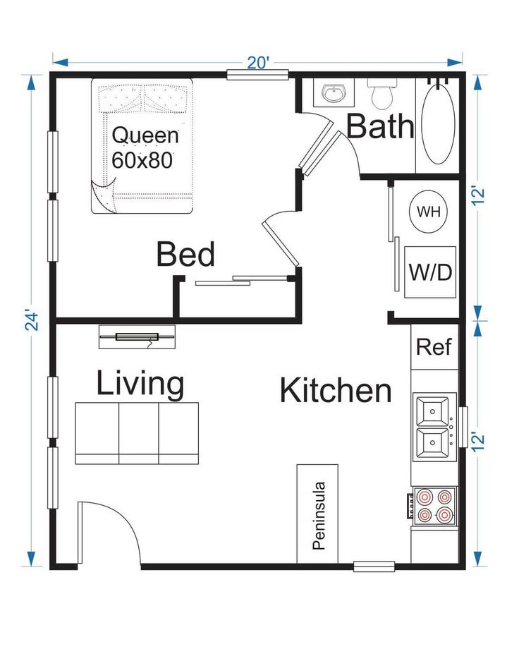 the floor plan for a small house with two bedroom and an attached living room area