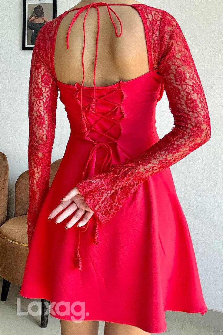 This A-Line Sweetheart Long Sleeves Lace Party Homecoming Dress is sexy and sophisticated. With its figure-flattering silhouette and delicate lace details, this dress is perfect for any party or event. The sweetheart neckline adds a touch of romance, while the long sleeves provide coverage and warmth. Elevate your style with this stunning dress. Backless Mini Dress With Lace Patchwork For Party, Red Party Dress With Lace-up Back, Long Sleeve Corset Back Dress For Party, Long Sleeve Corset Dress For Parties, Lace Backless Mini Dress With Corset Back, Red Mini Length Corset Dress With Corset Back, Fitted Corset Dress With Lace Patchwork For Night Out, Red Mini Corset Dress With Corset Back, Party Mini Dress With Lace Sleeves And Sweetheart Neckline