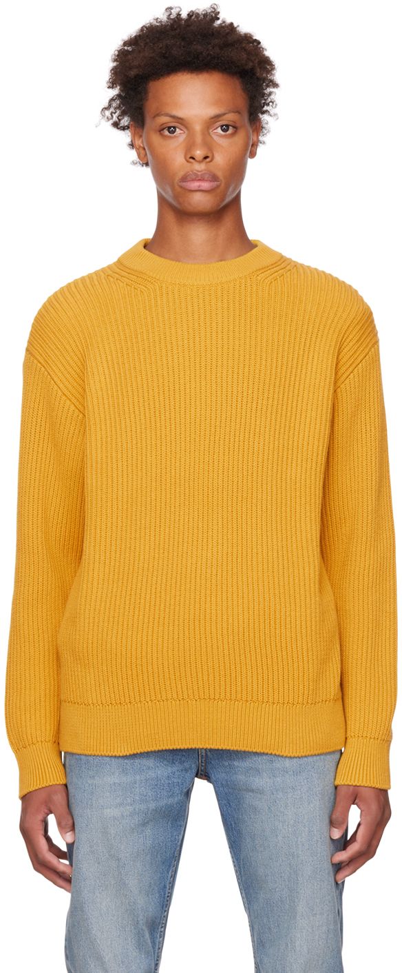 Rib knit organic cotton sweater. · Crewneck · Dropped shoulders Supplier color: Saffron Knit Sweater Outfit Men, Yellow Knit Sweater Outfit, Sweater Outfit Men, Sweater Outfits Men, Yellow Knit Sweater, Knit Sweater Outfit, Yellow Knit, Blue Pin, Jeans For Men