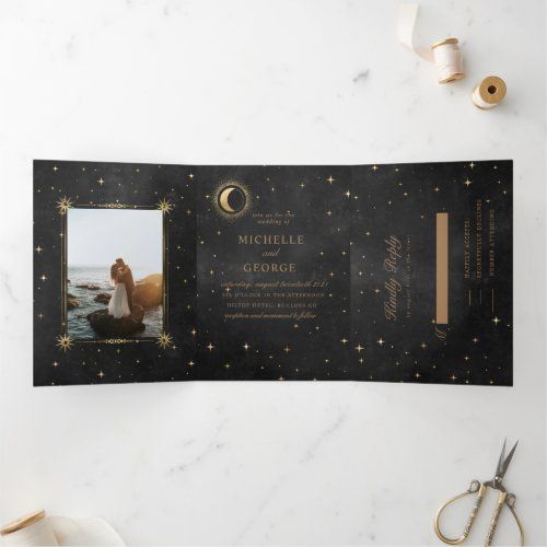 This tri-fold wedding invite features beautiful crescent moon with gold stars in various designs on a velvet midnight blue background paired with elegant fonts. Midnight Blue Wedding, Tri Fold Wedding Invitations, Celestial Wedding Theme, Stars Wedding, Starry Night Wedding, Wedding Invitation Size, Celestial Wedding, Foil Invitations, Blue Wedding Invitations